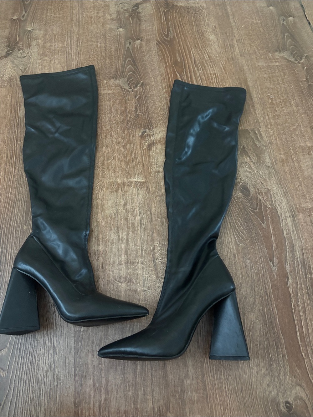 Over-the-Knee Pointed Toe Boots with Sculpted Block Heel - Black